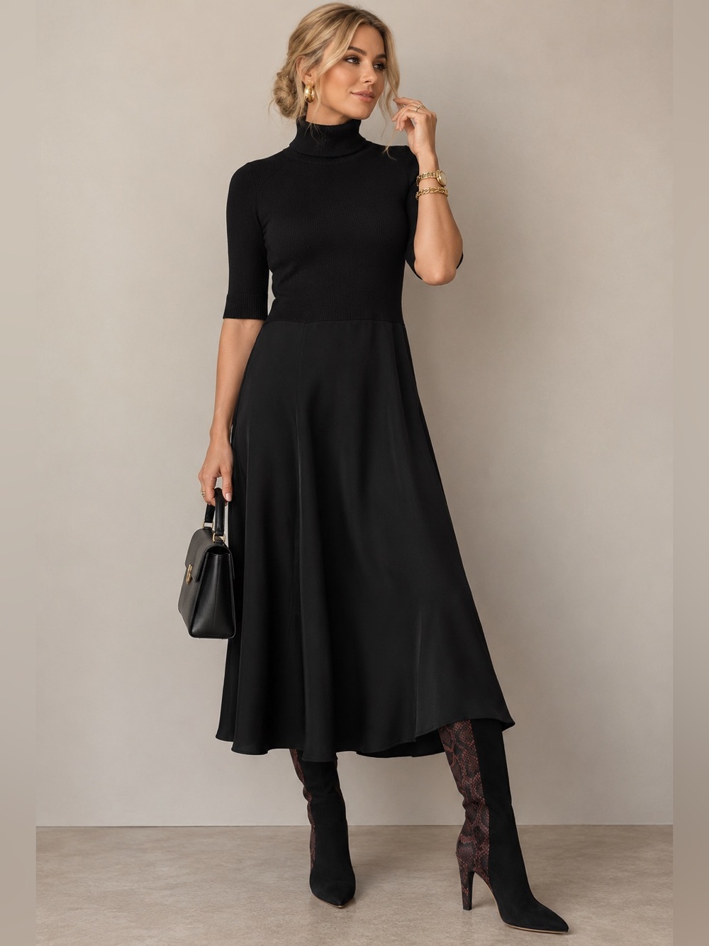 Ann Taylor L Merino Wool Turtleneck Midi Dress Luxe Minimalist Elegant